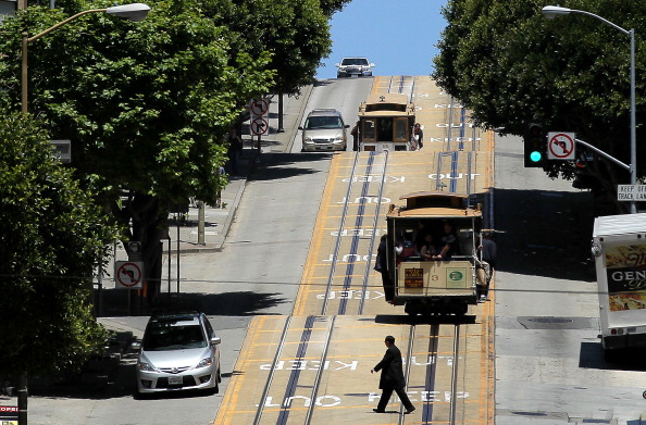 Cable cars travel along Powell Street