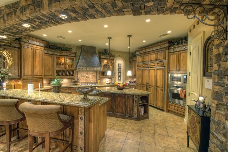 luxury kitchen with brick entryway