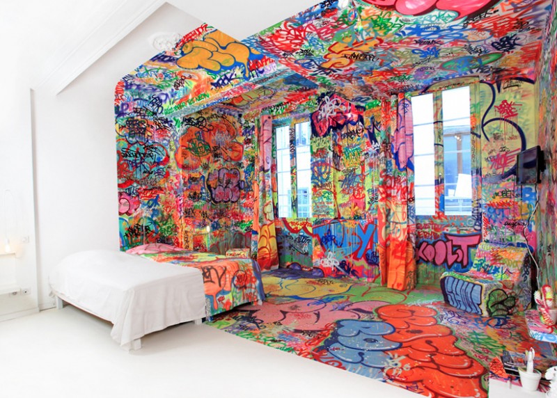 living room with graffiti paint