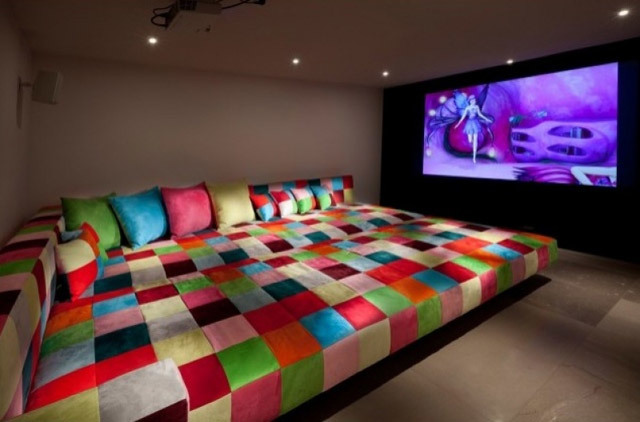 room with large colorful couch