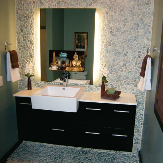 bathroom with natural stone walls and floors