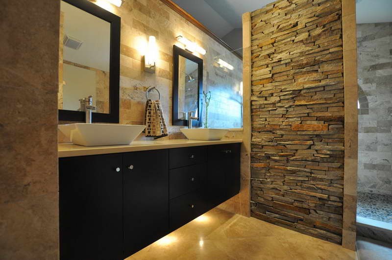 bathroom with stone and tile design