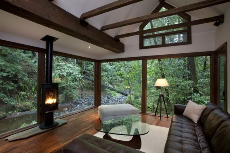 living room with glass walls