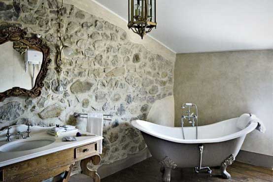 classic bathroom design with stone wall