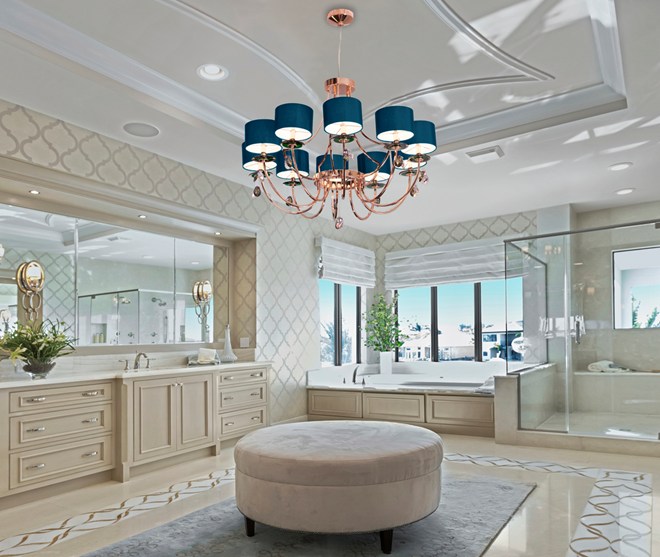 bespoke bathroom with blue chandelier