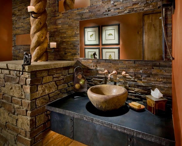 luxurious bathroom design with stone walls