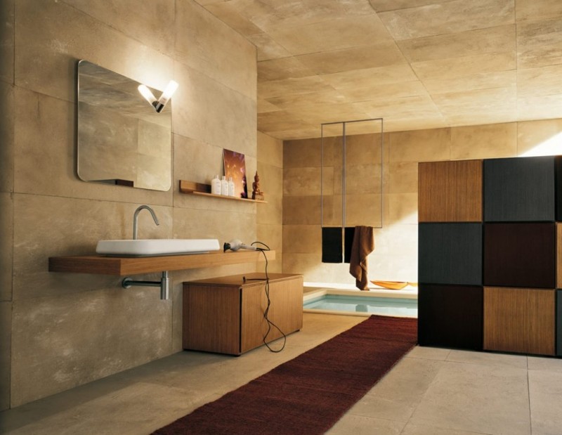 bathroom with smooth stone walls