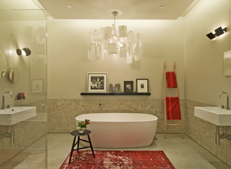 bathroom with amazing chandelier