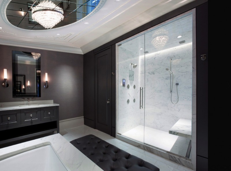 bathroom with glamorous crystal chandelier