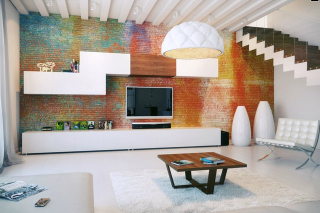 room with brick rainbow wall