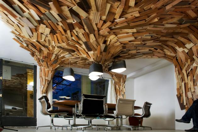 weird meeting room with wood 