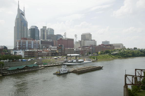 The skyline of Nashville is seen with riverfront concert 