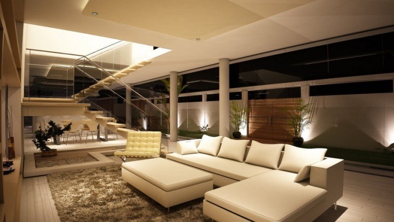 open living room with white leather couch