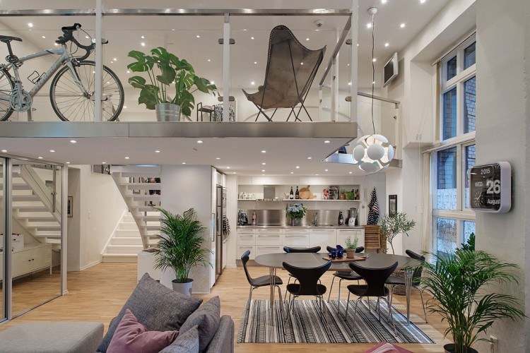 cool modern loft with glass on second floor