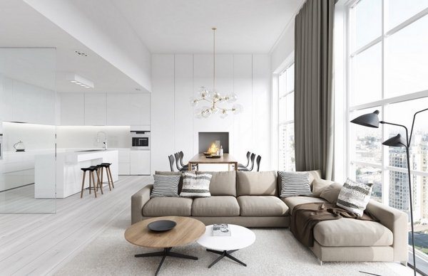 all white open living room