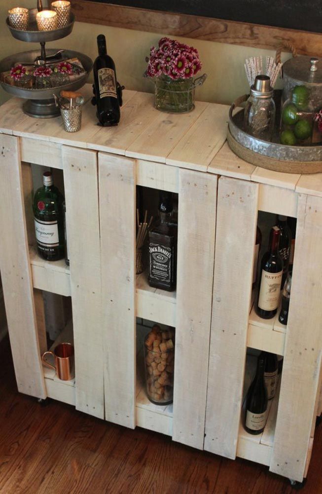 Rolling wooden bar cabinet