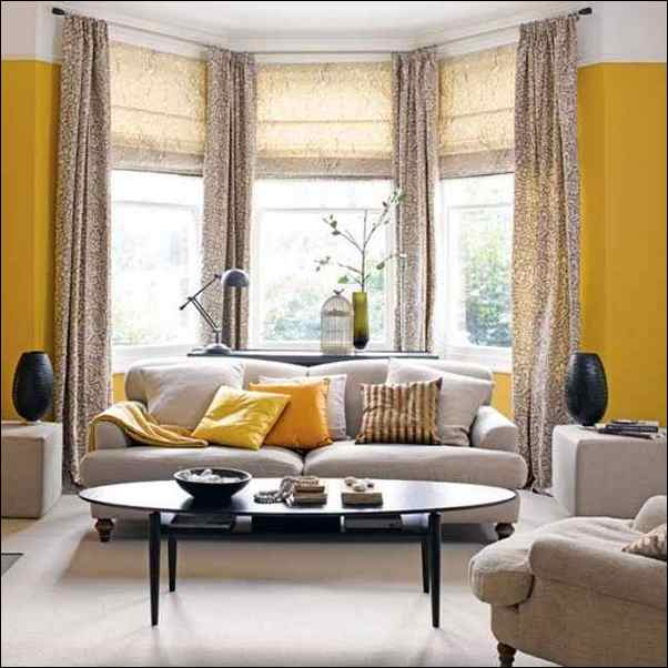 bright yellow curtains for bay windows