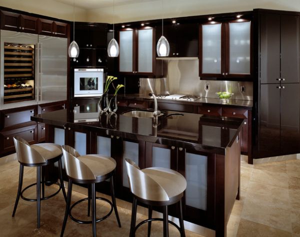 contemporary kitchen with glass cabinets