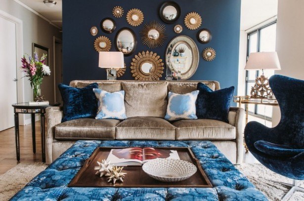 living room with velvet ottoman