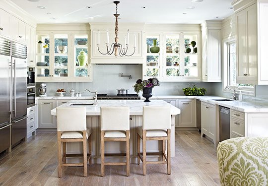 all white kitchen with glass cabinets