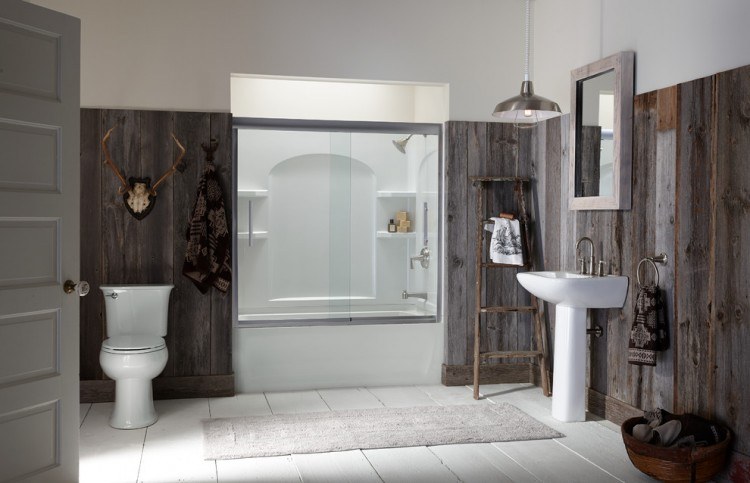 rustic bathroom design with wooden wall