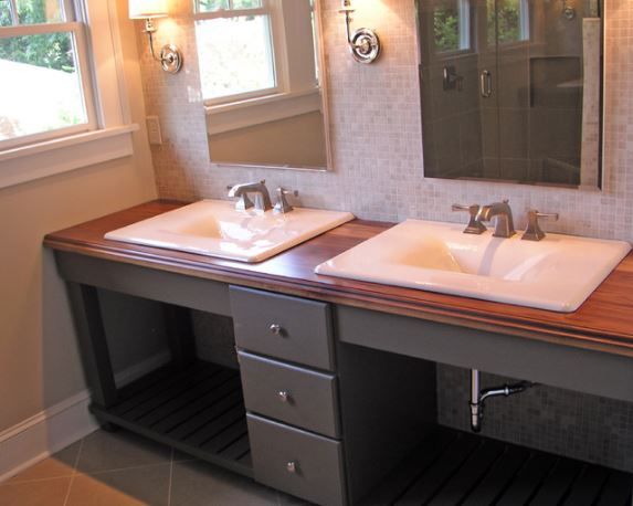 wooden countertop with double sinks