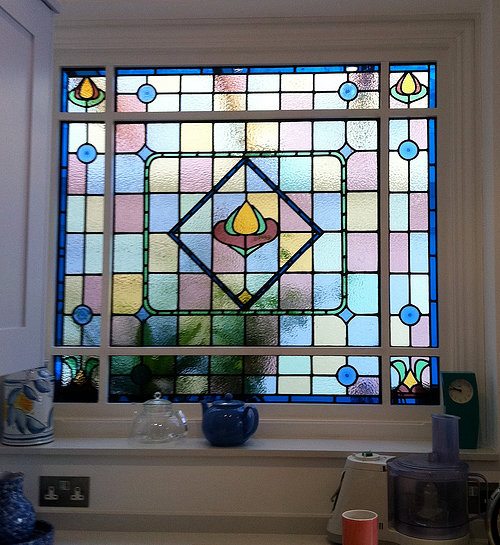 blue stained glass kitchen window