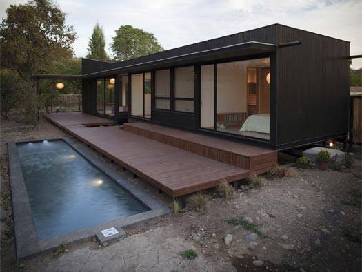 shipping container pool with wooden deck