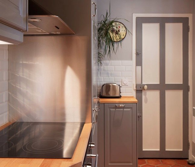 kitchen with gray cabinets