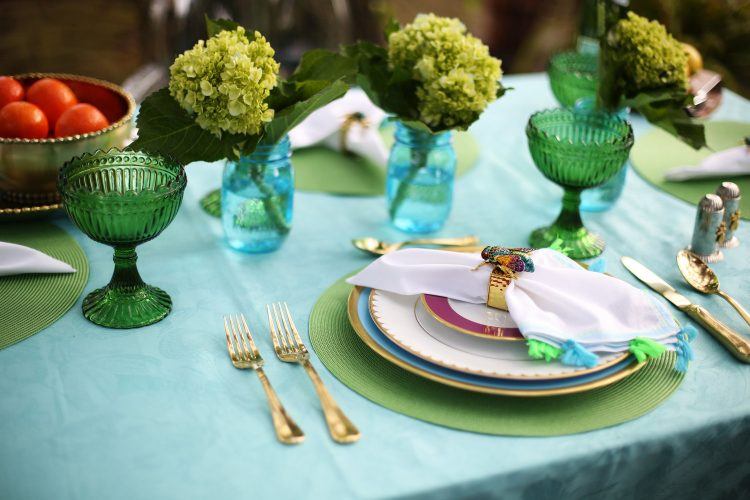 blue and green summer table setting