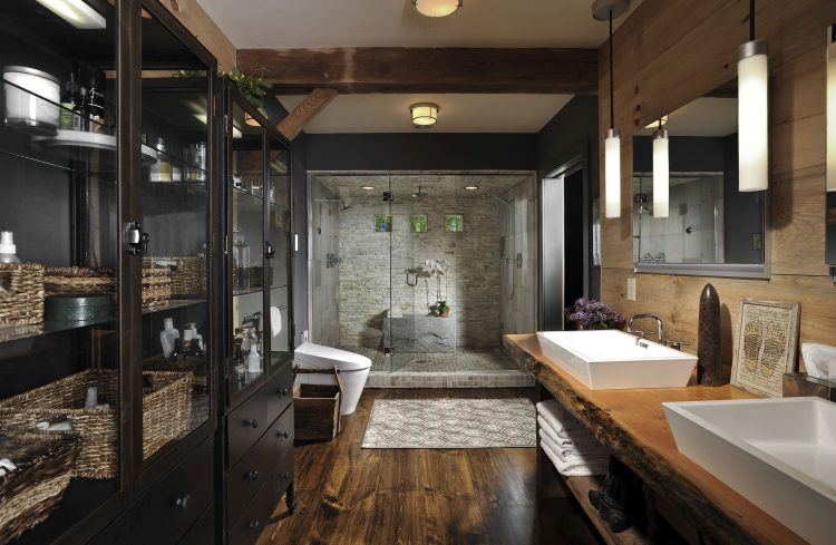 beautiful bathroom with dark laminate flooring