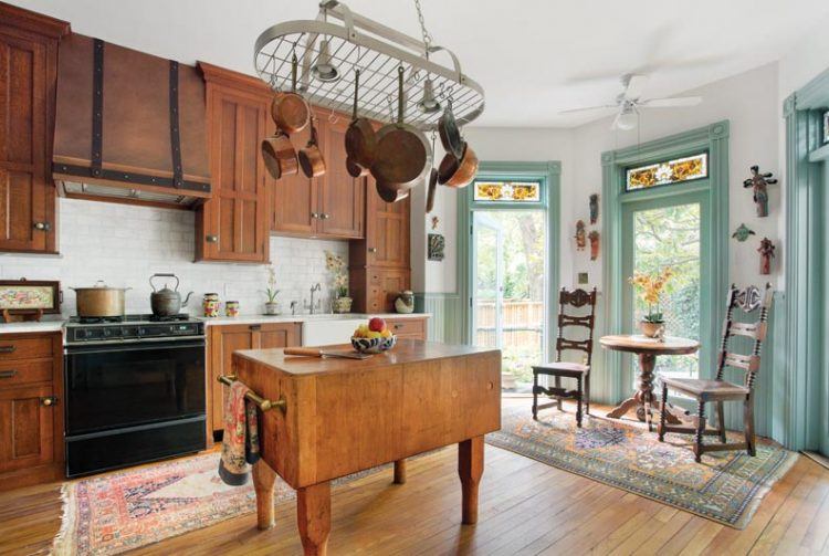 large kitchen with stained glass windows