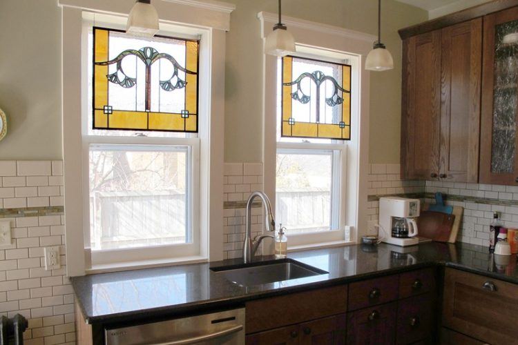 kitchen with half stained glass windows