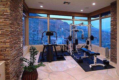 home gym with mountain view