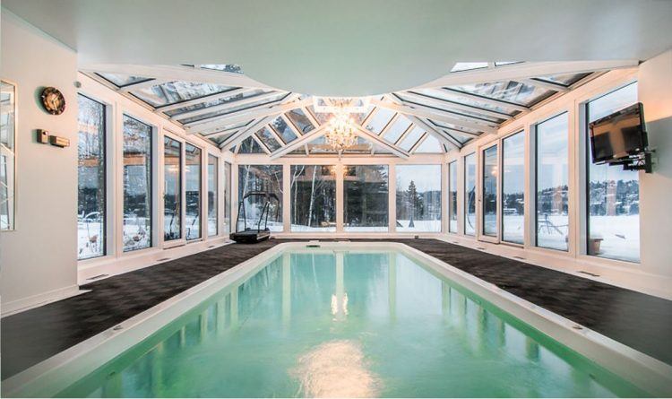 indoor swimming pool with chandelier