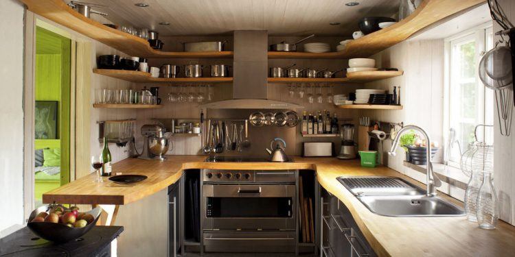 small kitchen with lots of shelves