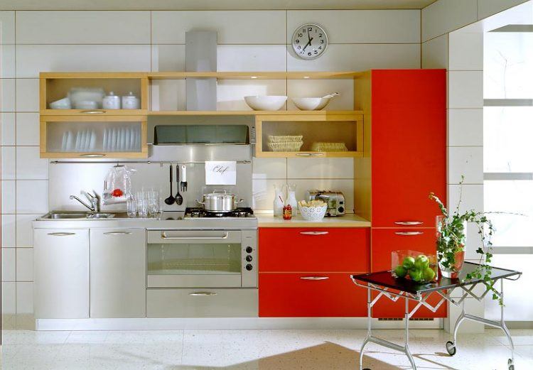 small kitchen with red