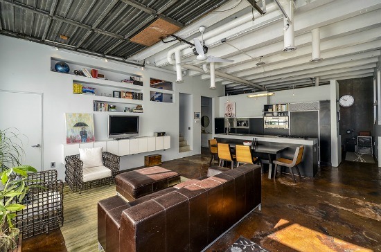 living room with leather couch