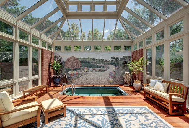 indoor patio with hot tub