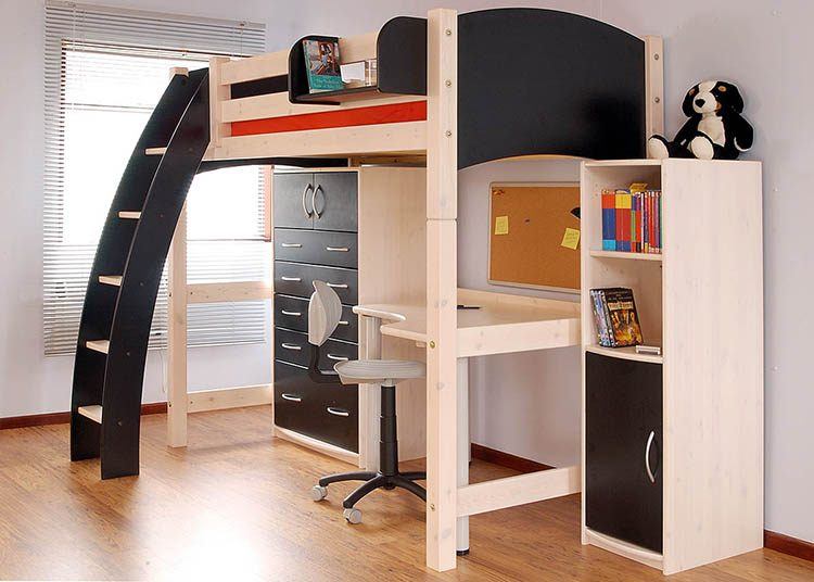 wooden bunk bed with desk