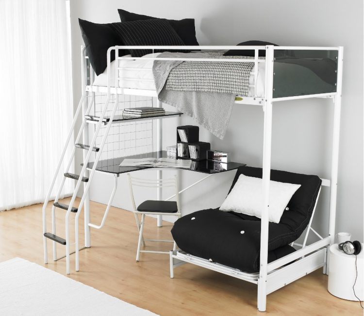 white and black bunk bed with desk