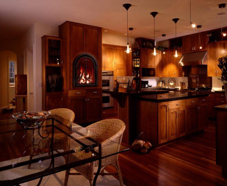 classic kitchen with unique fireplace