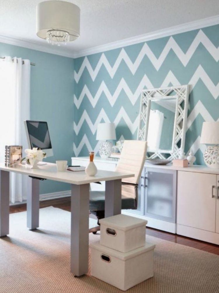 home office with chevron wallpaper