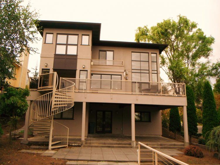 modern deck with spiral staircase