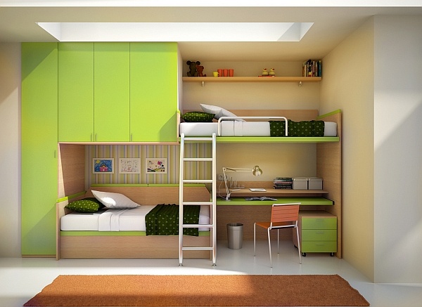 bunk bed with desk and cabinets