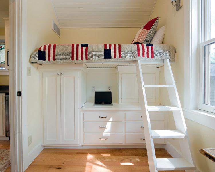 all white bunk bed with desk