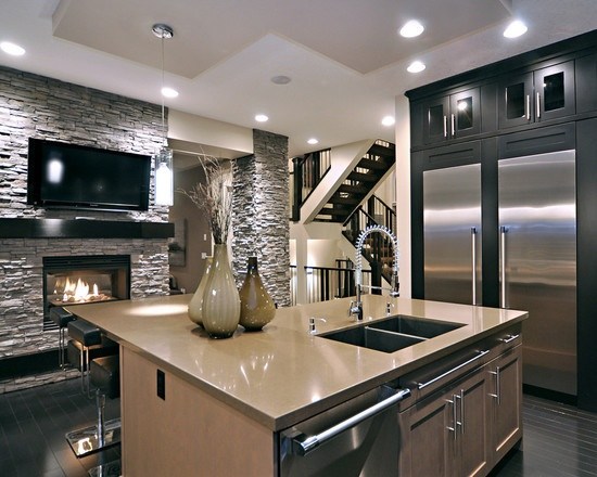 modern kitchen fireplace