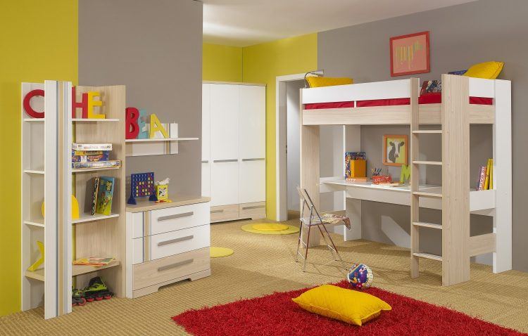 child's room with bunk bed with desk