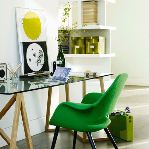 contemporary office with bright green chair