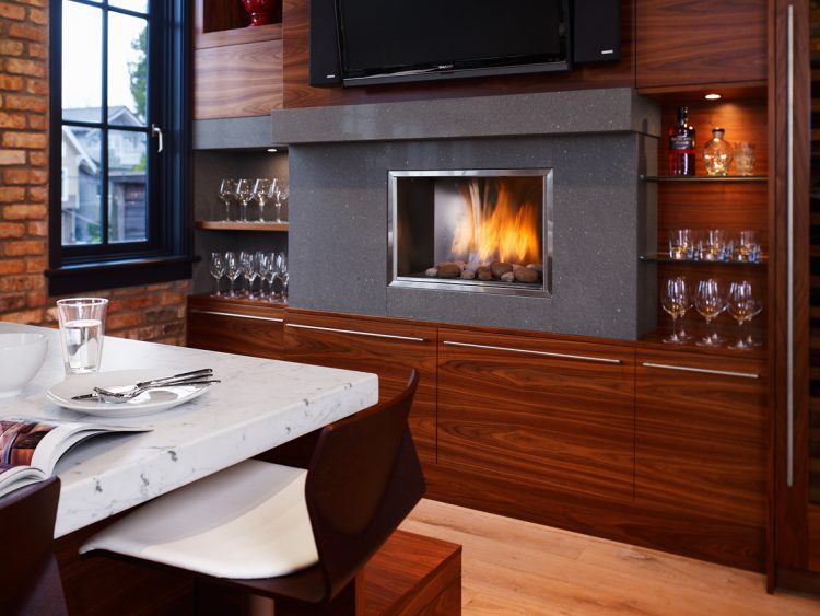 modern kitchen with cool fireplace